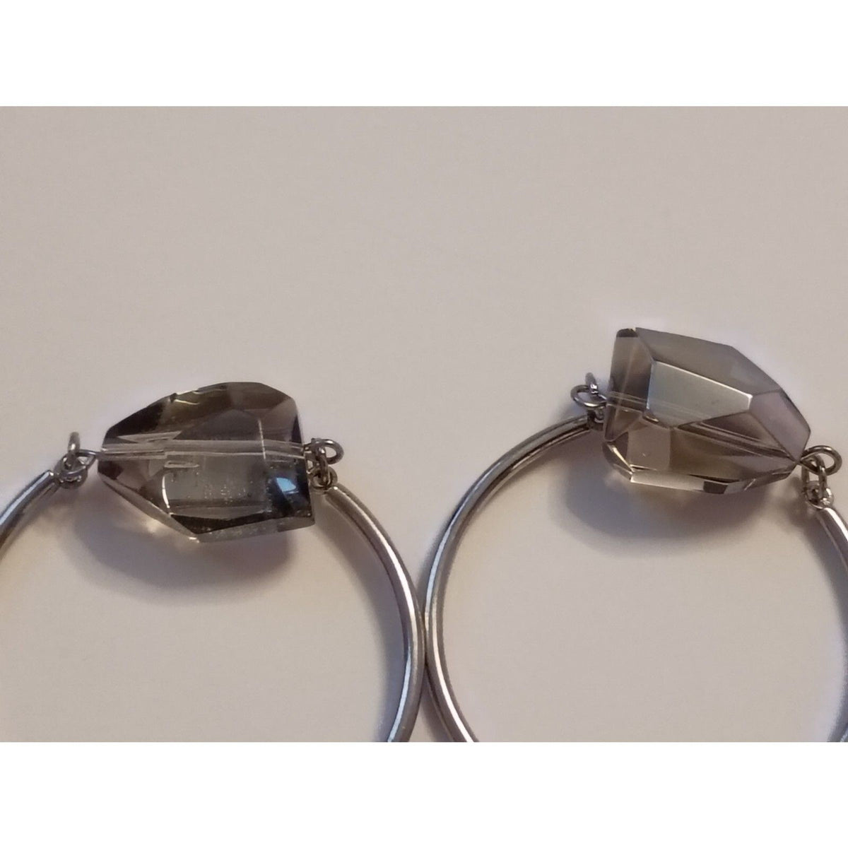 Vintage Classic Large Smoky Crystal Silver Toned Swing Hoop Earrings