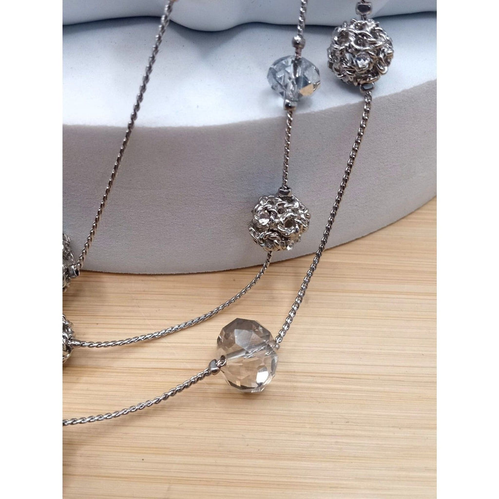 Triple Cascading Strand Crystal & Silver Tone Filigree Bead Rhinestones Necklace
