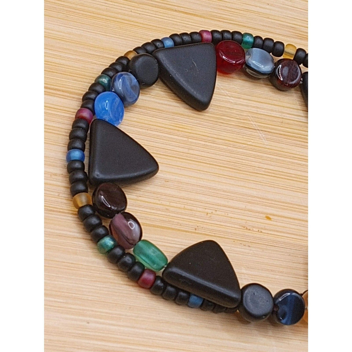 Vintage Double Strand Glass Beaded Bracelet Triangle, Disc, and Seed Bead Black and Multicolor