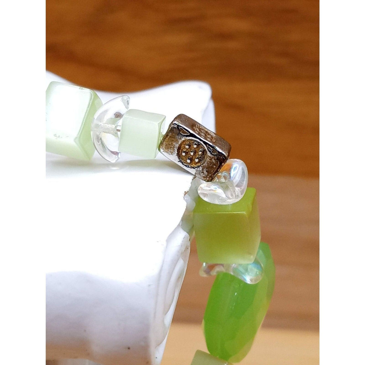Vintage Seafoam Green Glass & Lucite Beaded Bracelet with Silver Spacers