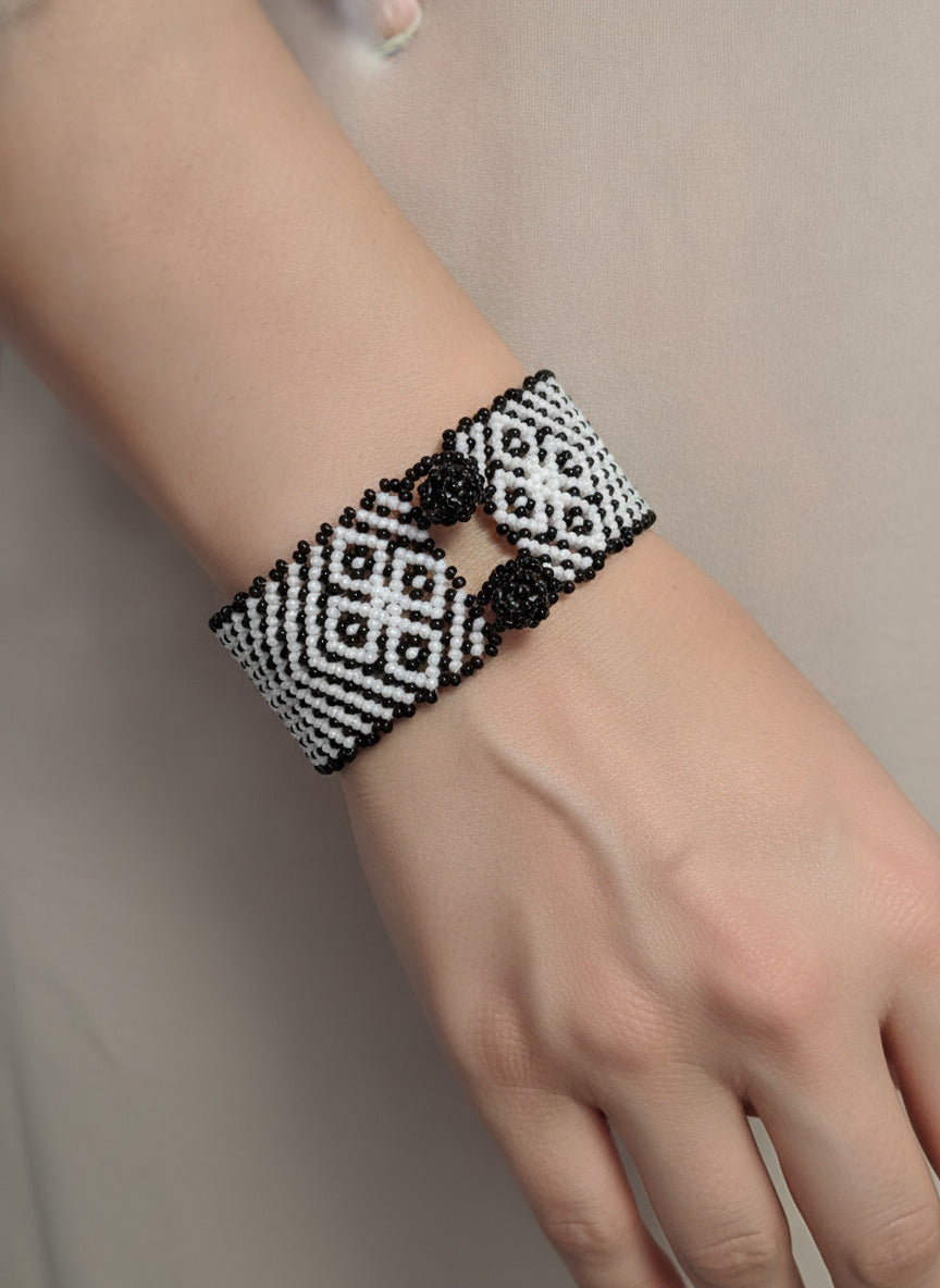Black and White Beaded Cuff Bracelet