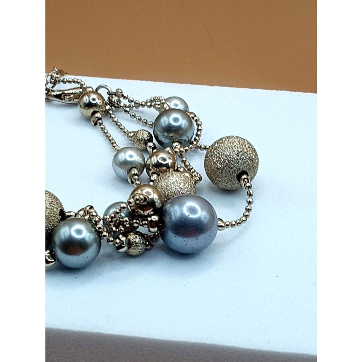 Vintage Triple Strand Silver and Gold Tone Beaded Bracelet