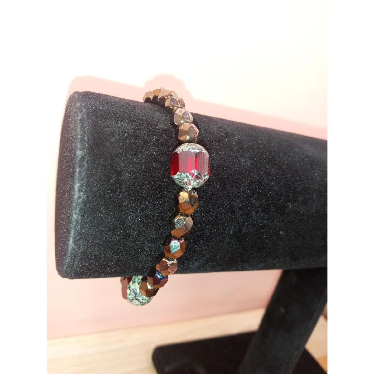 Vintage Fancy Red Crystal & Bronze Metallic Faceted Beaded Bracelet