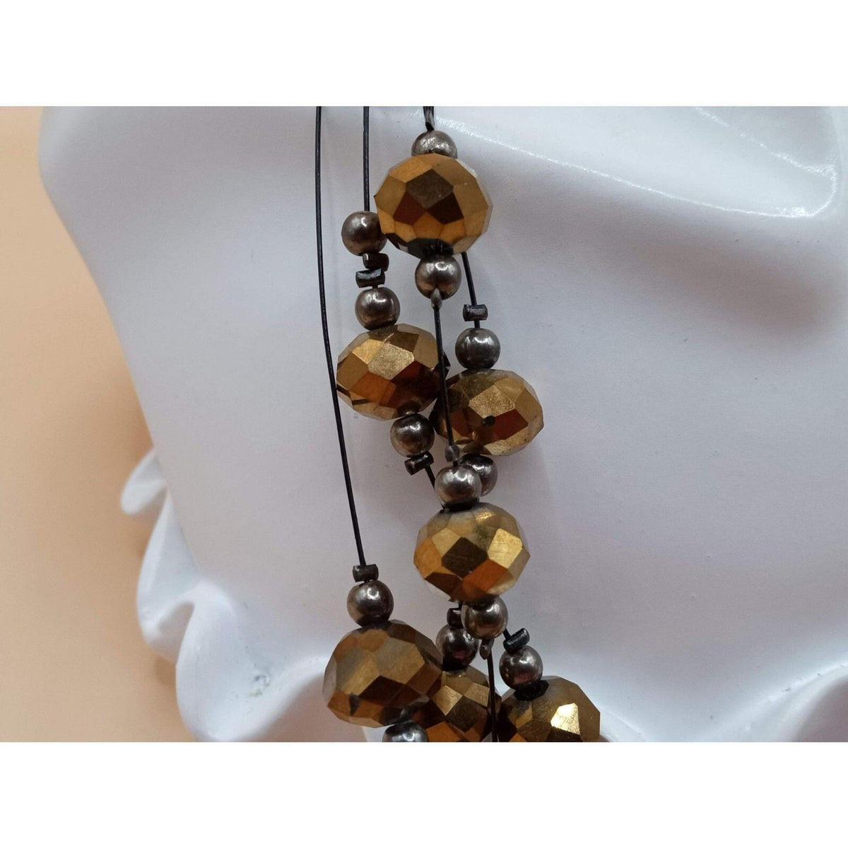Vintage Hexagonal Cut Glass Beaded Quad Stranded Necklace in Bronze Tones