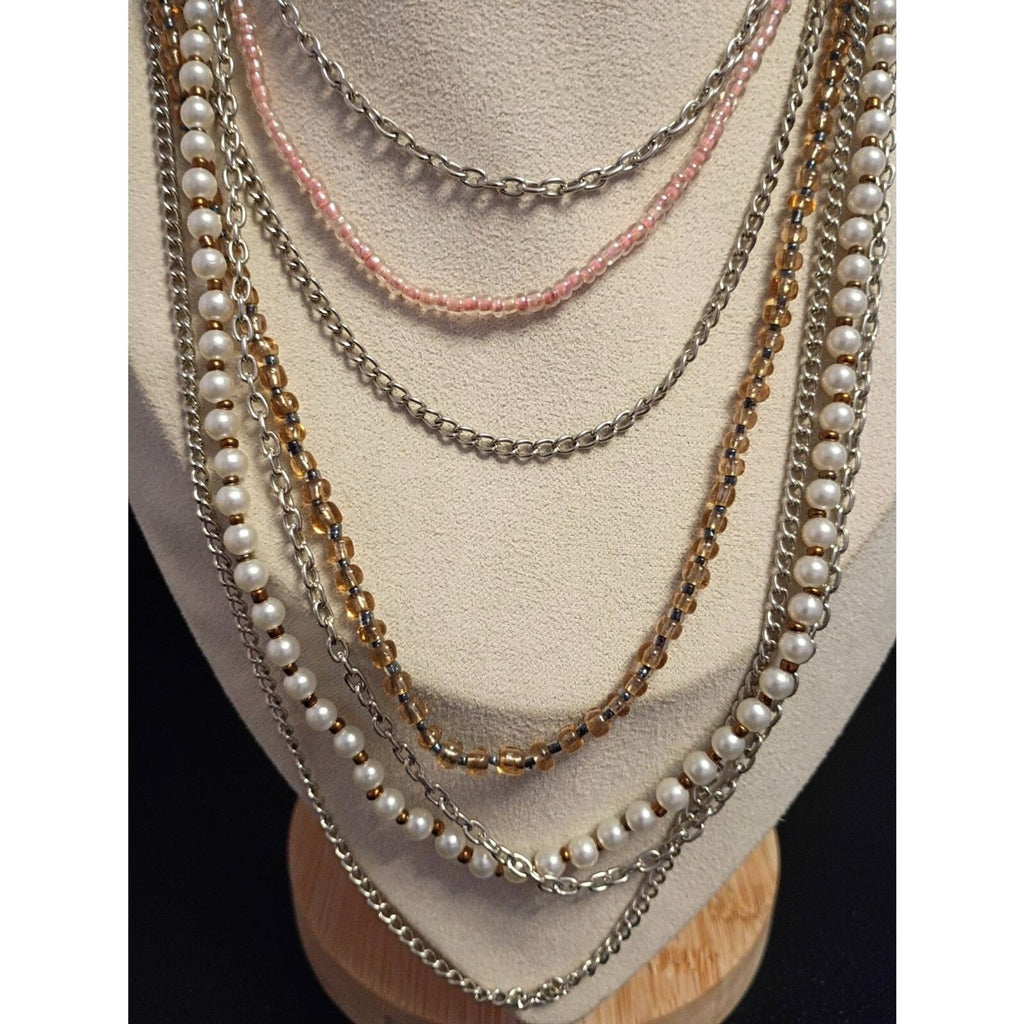 Vintage Mixed Media Multi Strand Necklace Embellished with Beads and Faux Pearls