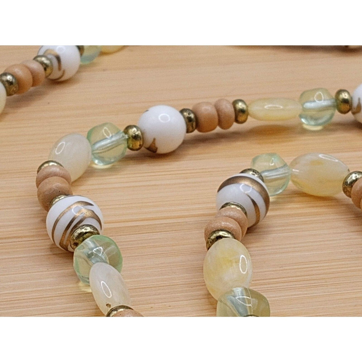 Vintage Muted Pastel Lucite & Wood Heishi Beaded Long Strand Necklace