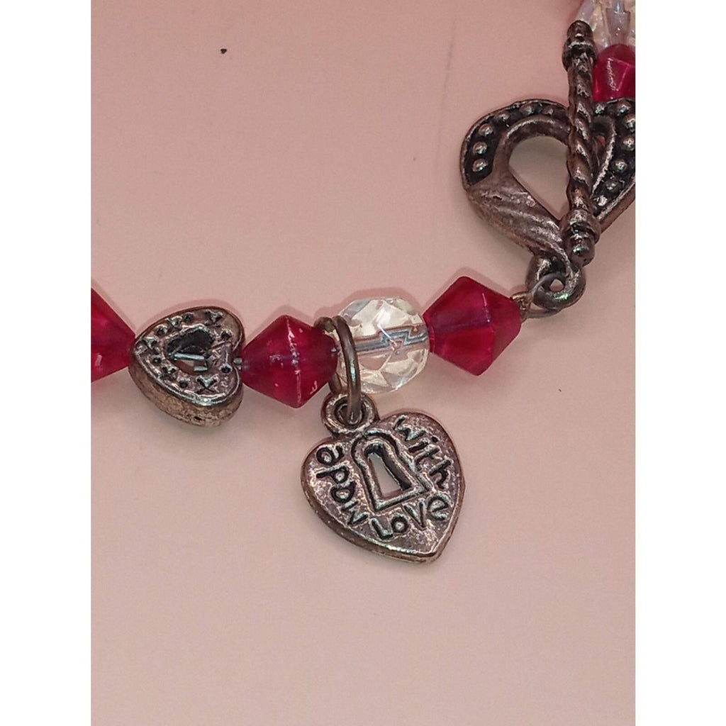 Antiqued Metal Heart & Red Bicone Crystal "Made with Love" Charm Bracelet