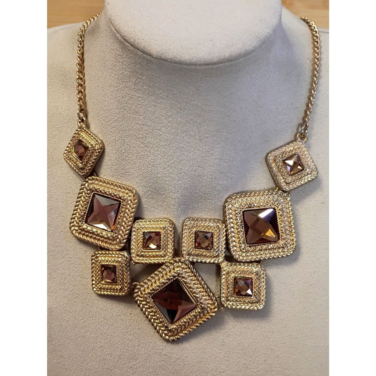Vintage Gold-Tone Geometric Plaque Necklace with Amber Rhinestones