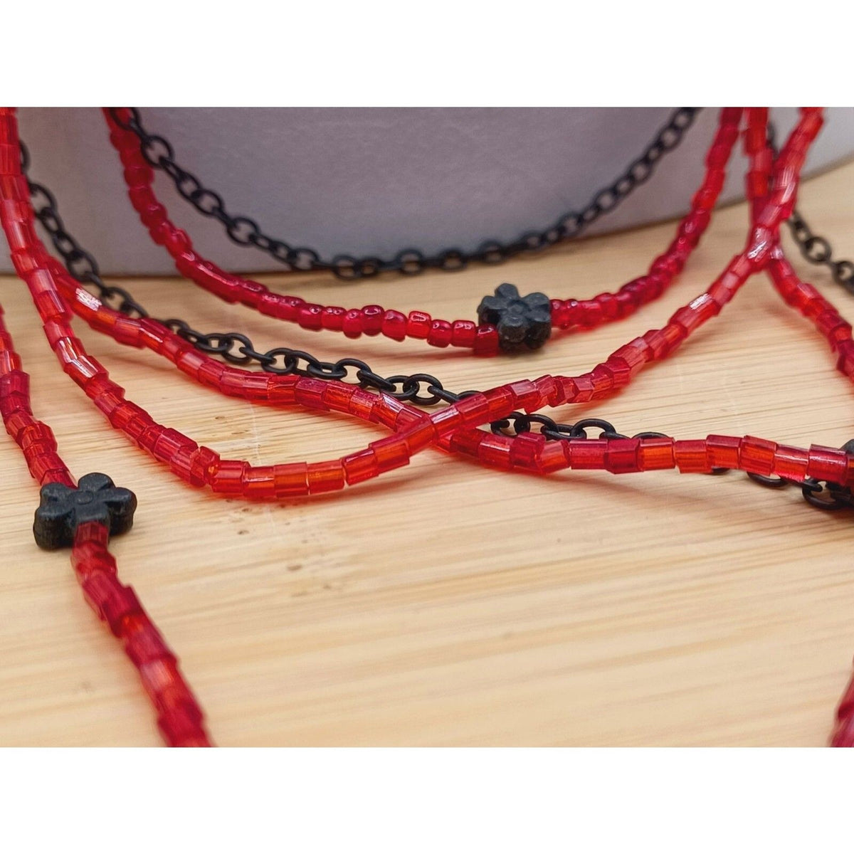 Multi Strand Layered Red Beads Bronze Color Flower Necklace