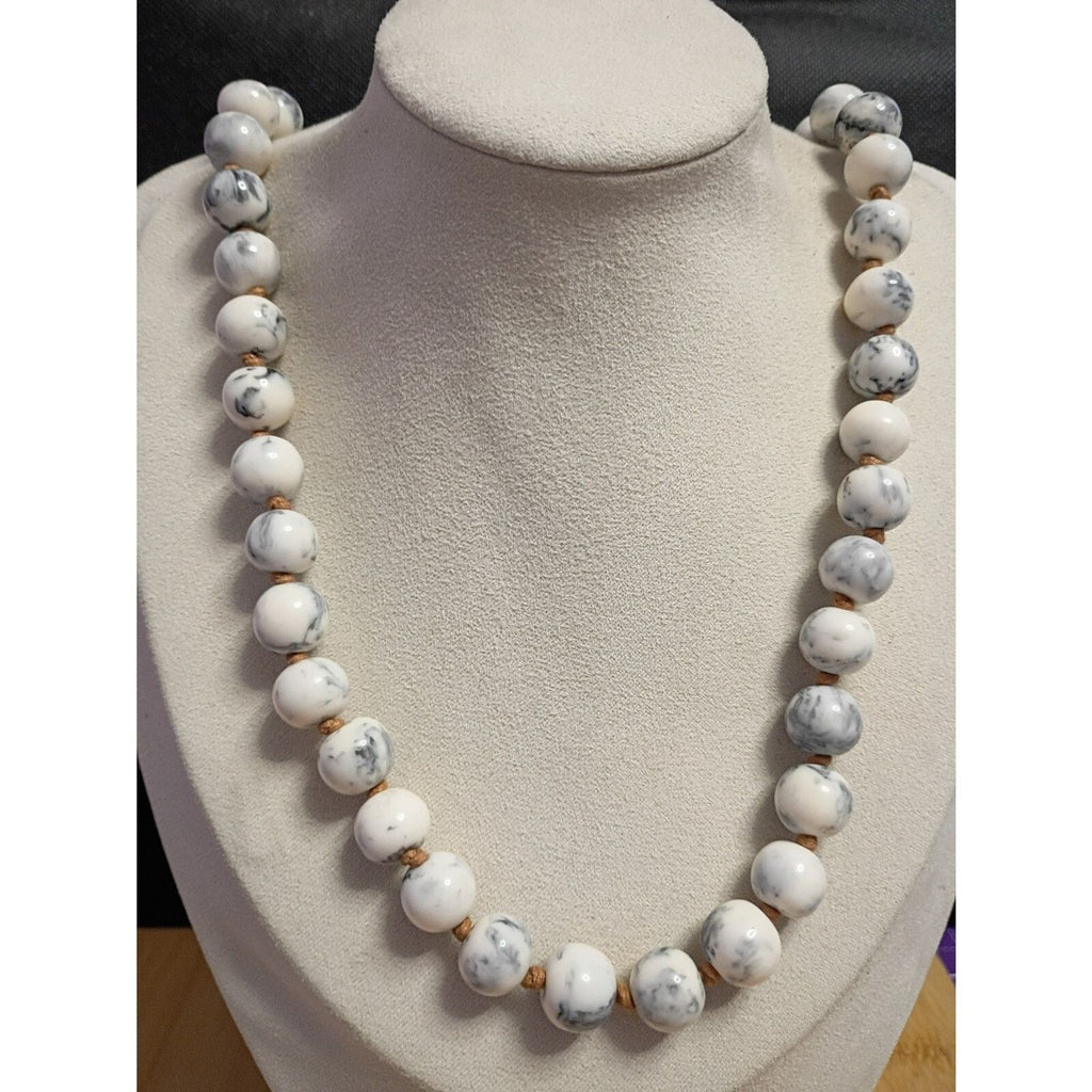 Vintage Black & White Howlite Stone Bead Tassel Necklace & Bracelet Set