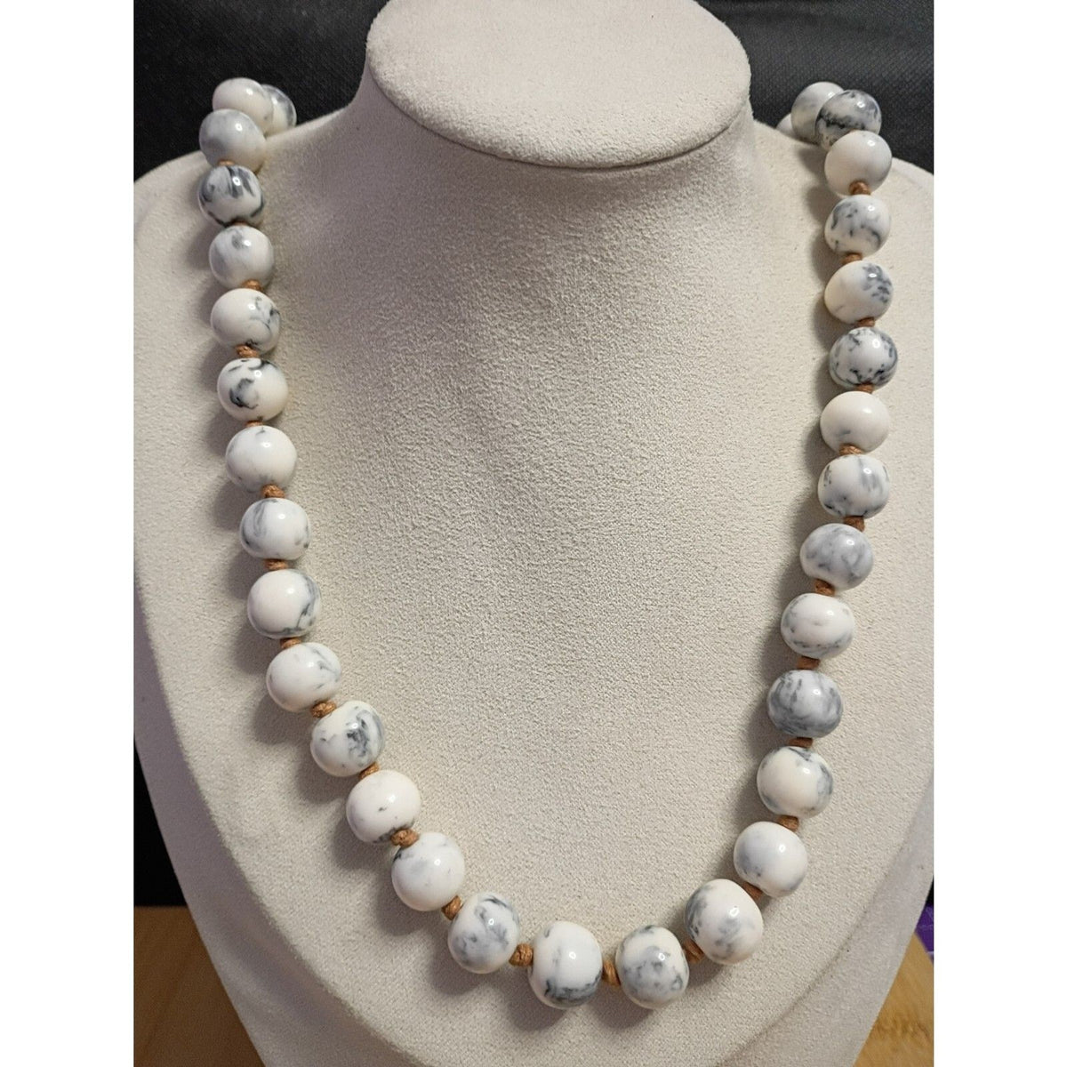 Vintage Black & White Howlite Stone Bead Tassel Necklace & Bracelet Set