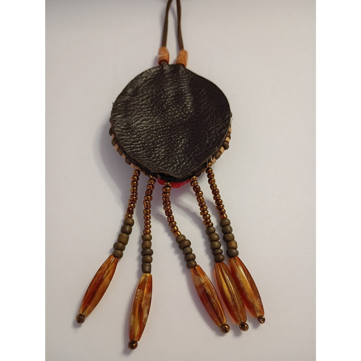 Vintage Leather Bohemian Style Necklace Features a Colorful resin Beaded Pendant