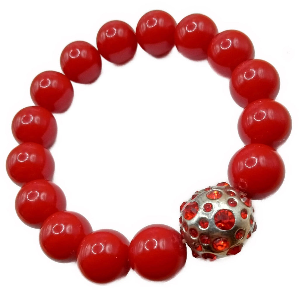 Vintage Red Beaded Bracelet with Rhinestone Silver-Tone Accent Bead