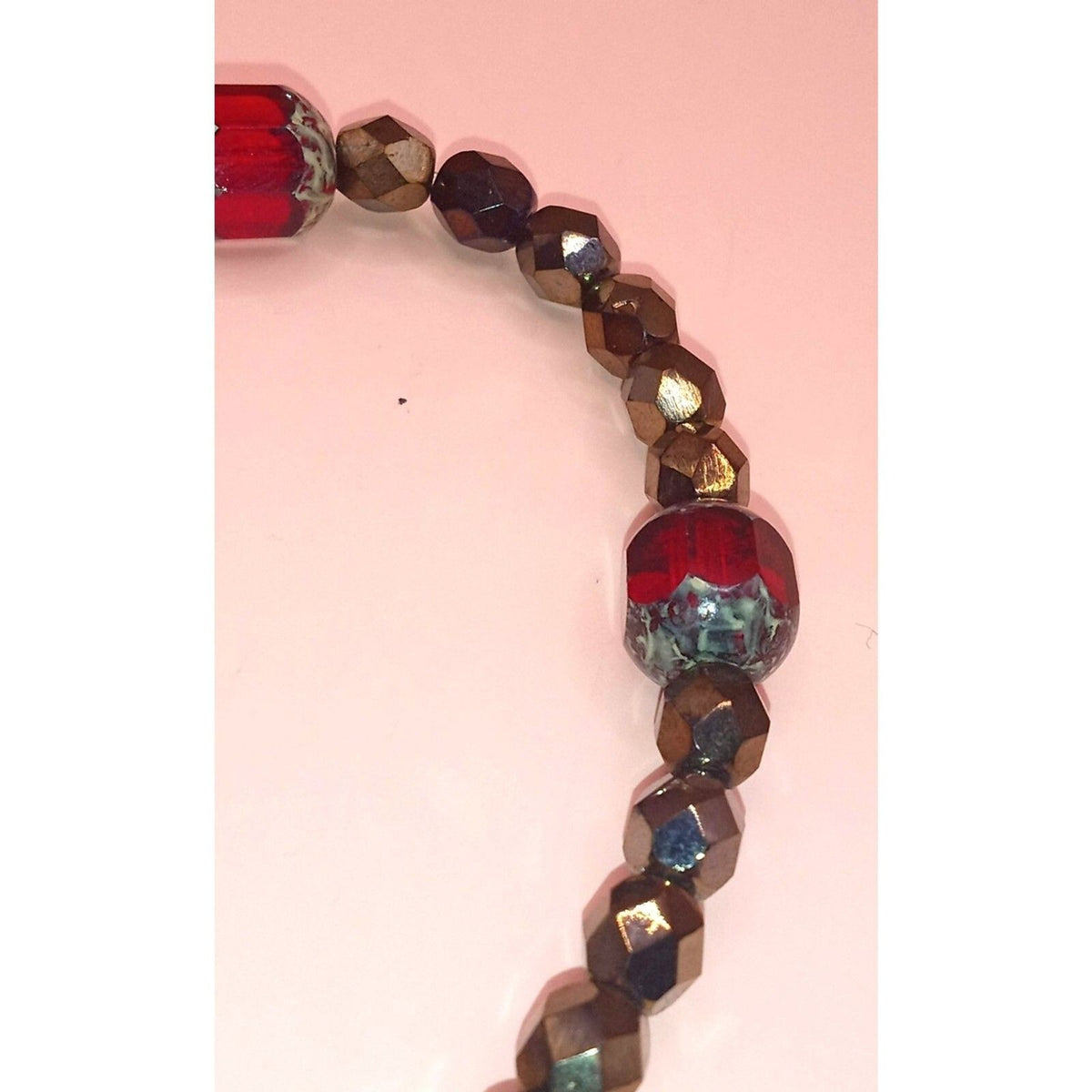 Vintage Fancy Red Crystal & Bronze Metallic Faceted Beaded Bracelet