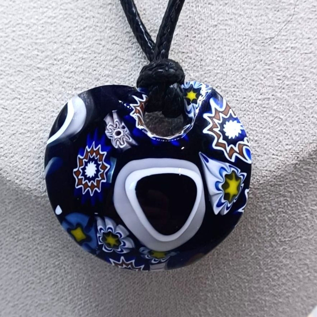 Vintage Murano Pretty Round Pendant Necklace, Navy Blue, Lavender Millefiori
