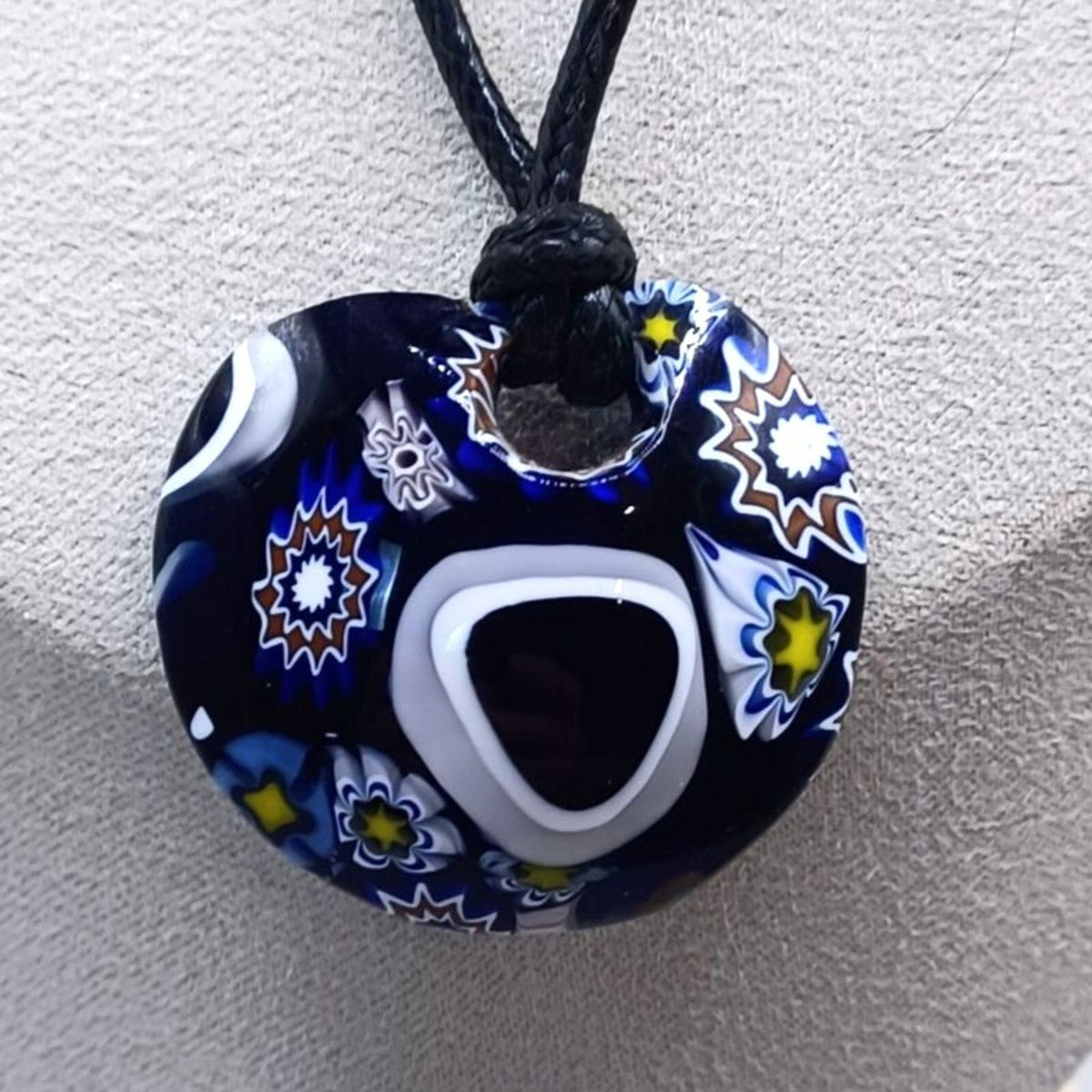 Vintage Murano Pretty Round Pendant Necklace, Navy Blue, Lavender Millefiori