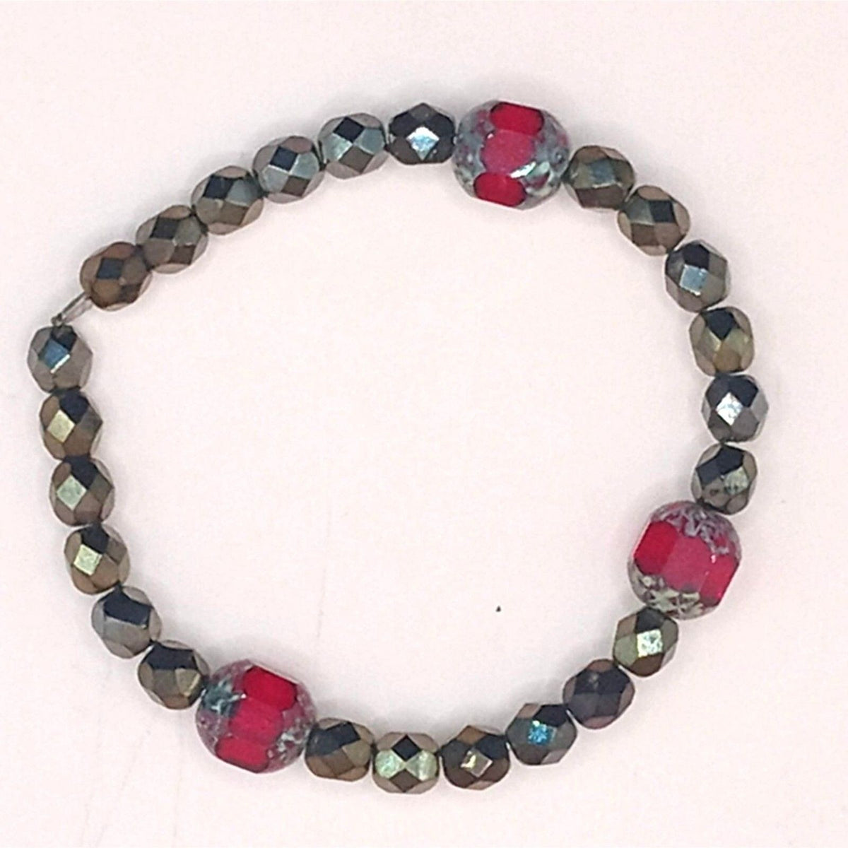 Vintage Fancy Red Crystal & Bronze Metallic Faceted Beaded Bracelet