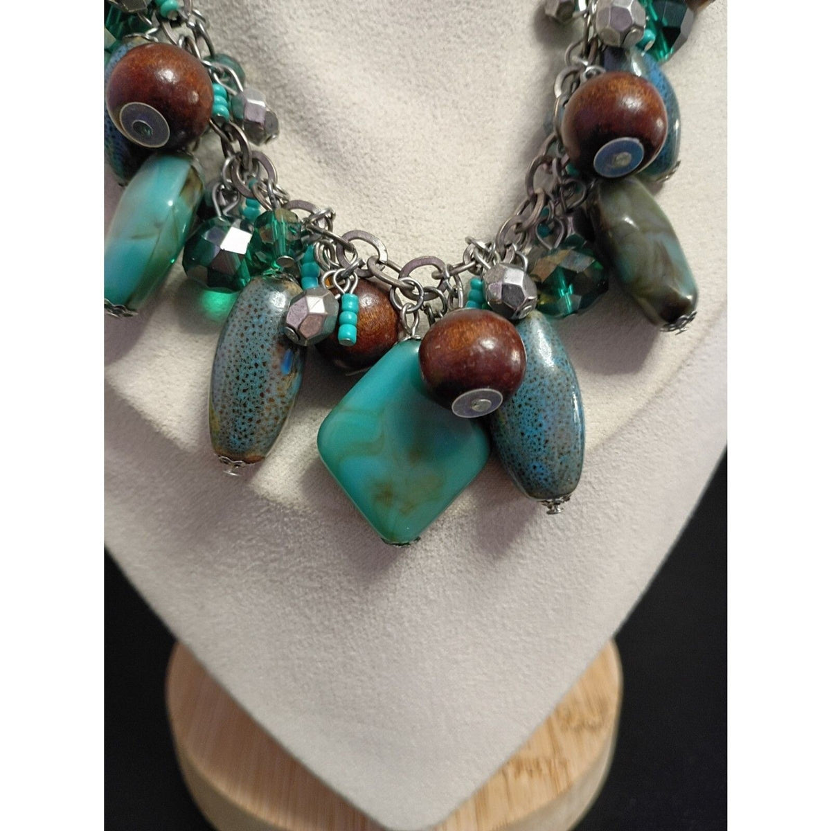 Vintage Statement Necklace Multi Media with Wood, Stones, Glass, Metal and Resin