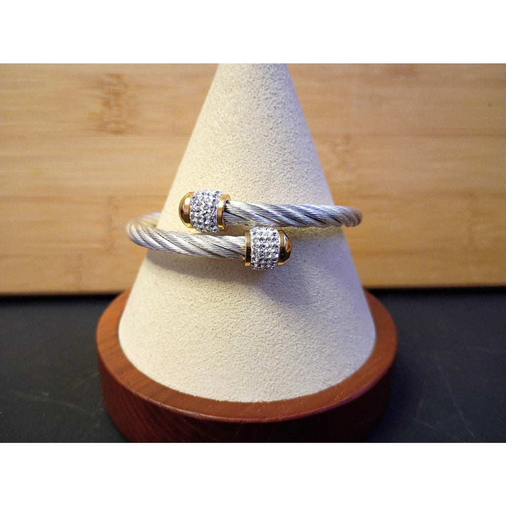 Marsala Signed Stainless Steel Cable Rope & Rhinestone Barrel Accent Cuff Bracelet
