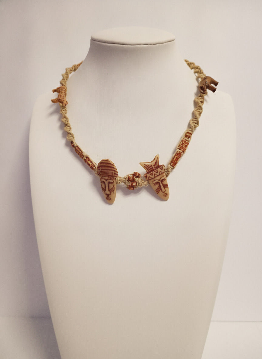 Vintage Braided Rope Choker Necklace with Tribal Face and Animal beads