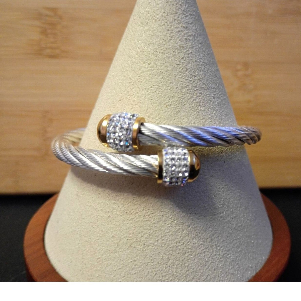 Marsala Signed Stainless Steel Cable Rope & Rhinestone Barrel Accent Cuff Bracelet