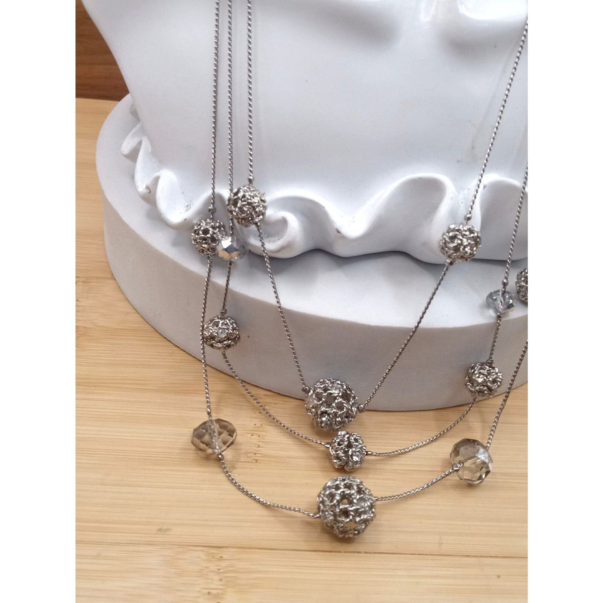 Triple Cascading Strand Crystal & Silver Tone Filigree Bead Rhinestones Necklace