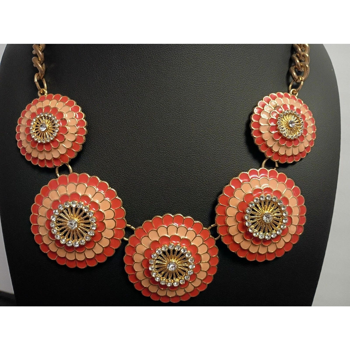 Vintage Orange Enamel Medallion Bib Necklace Gold Tone Boho