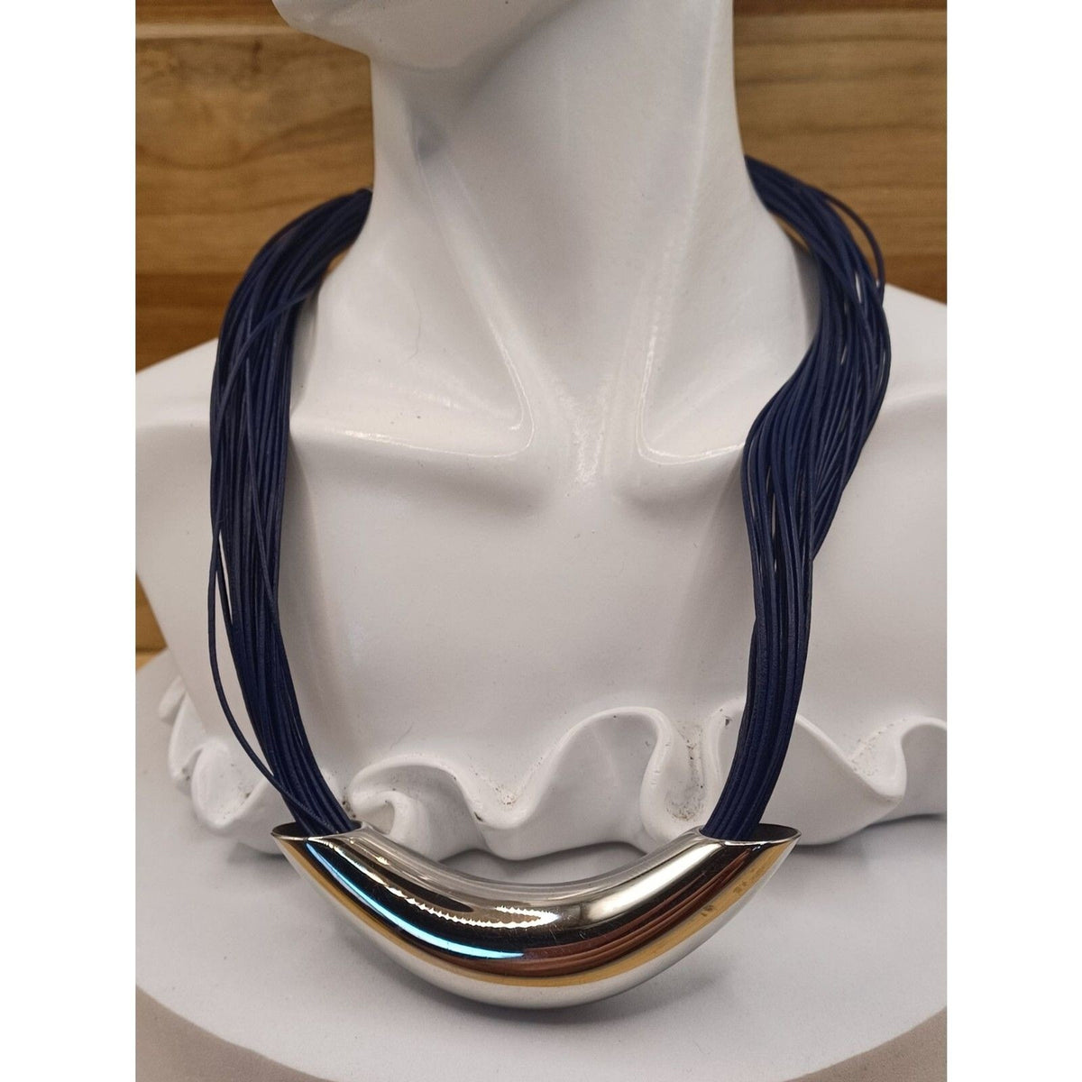 Vintage Blue Cord and Silver Tone Curved Tube Chunky Necklace