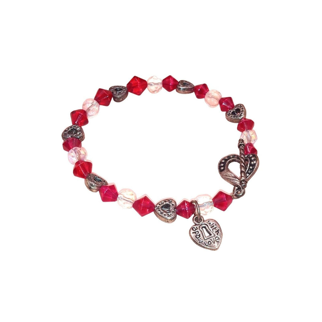 Antiqued Metal Heart & Red Bicone Crystal "Made with Love" Charm Bracelet
