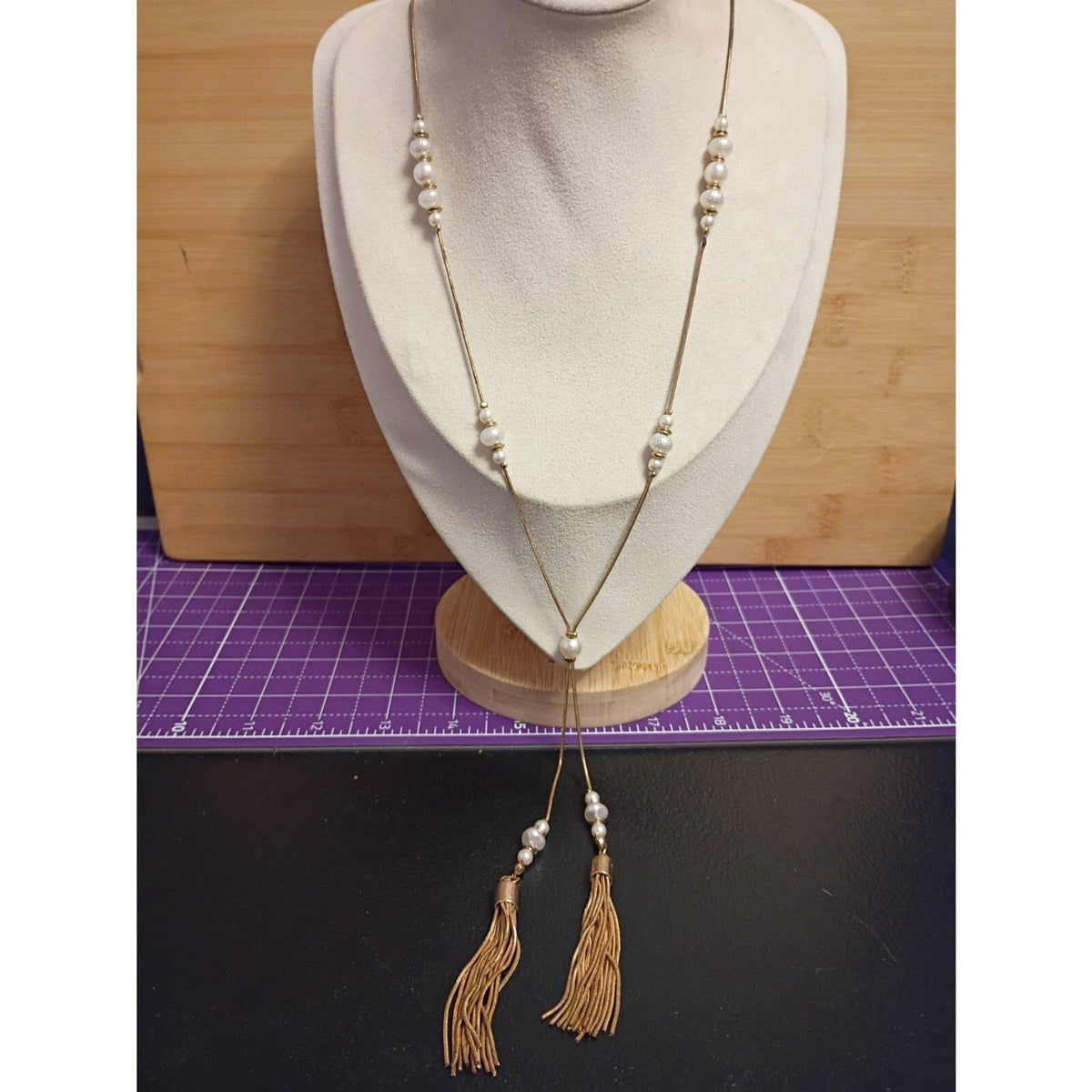 Vintage Gold Tone Station Tassel Necklace with Faux Pearls & White Beads