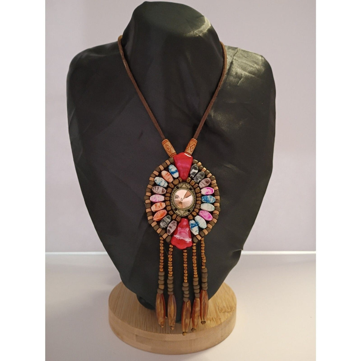 Vintage Leather Bohemian Style Necklace Features a Colorful resin Beaded Pendant