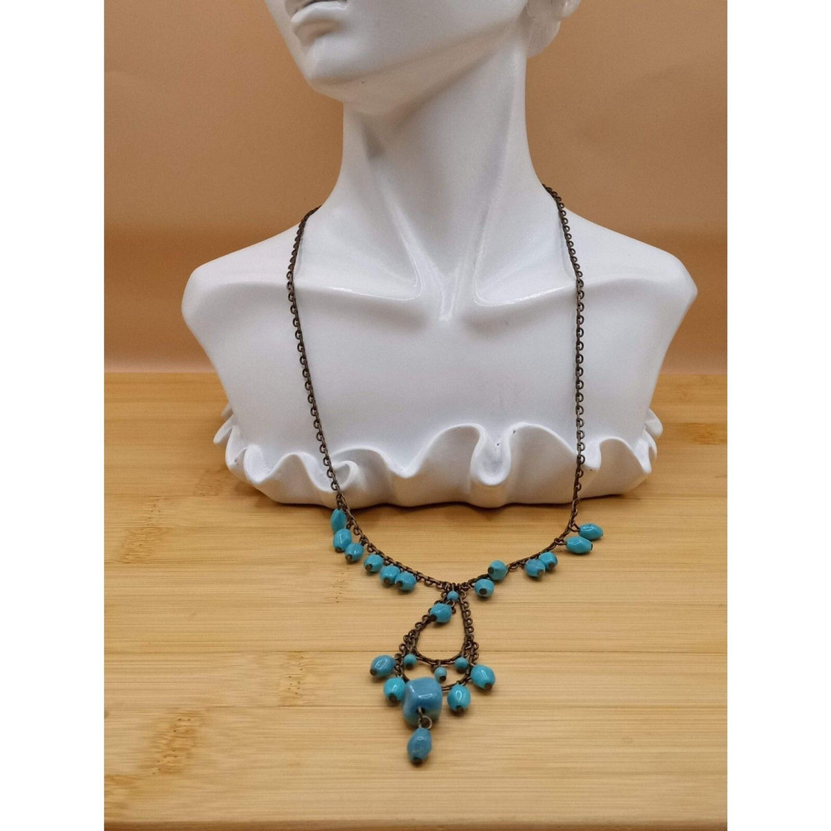 Vintage Acrylic Turquoise, Brass Colored Beaded Victorian Style Bib Necklace