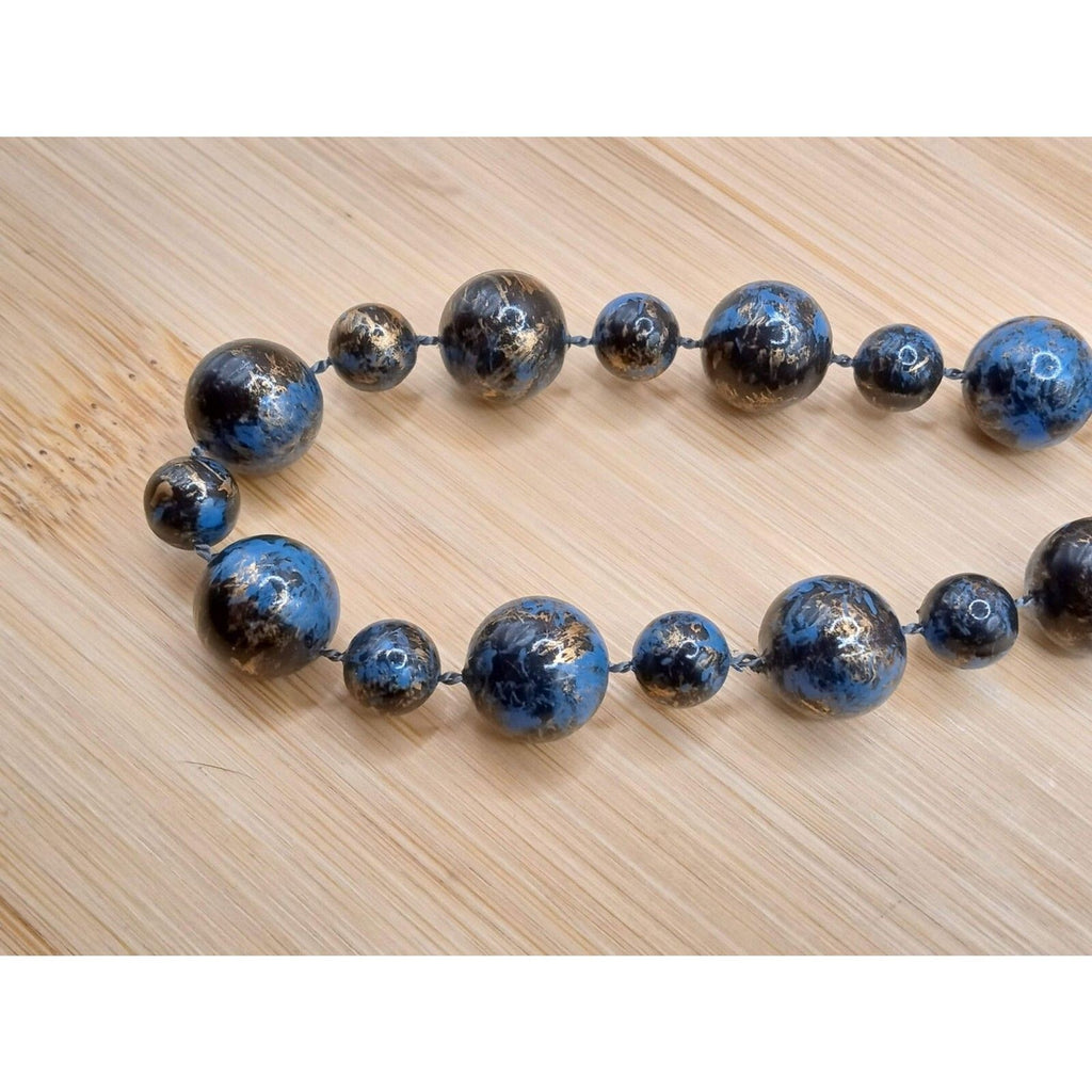 Vintage Blue & Gold Alternating Size Beaded Single Strand Acrylic Necklace
