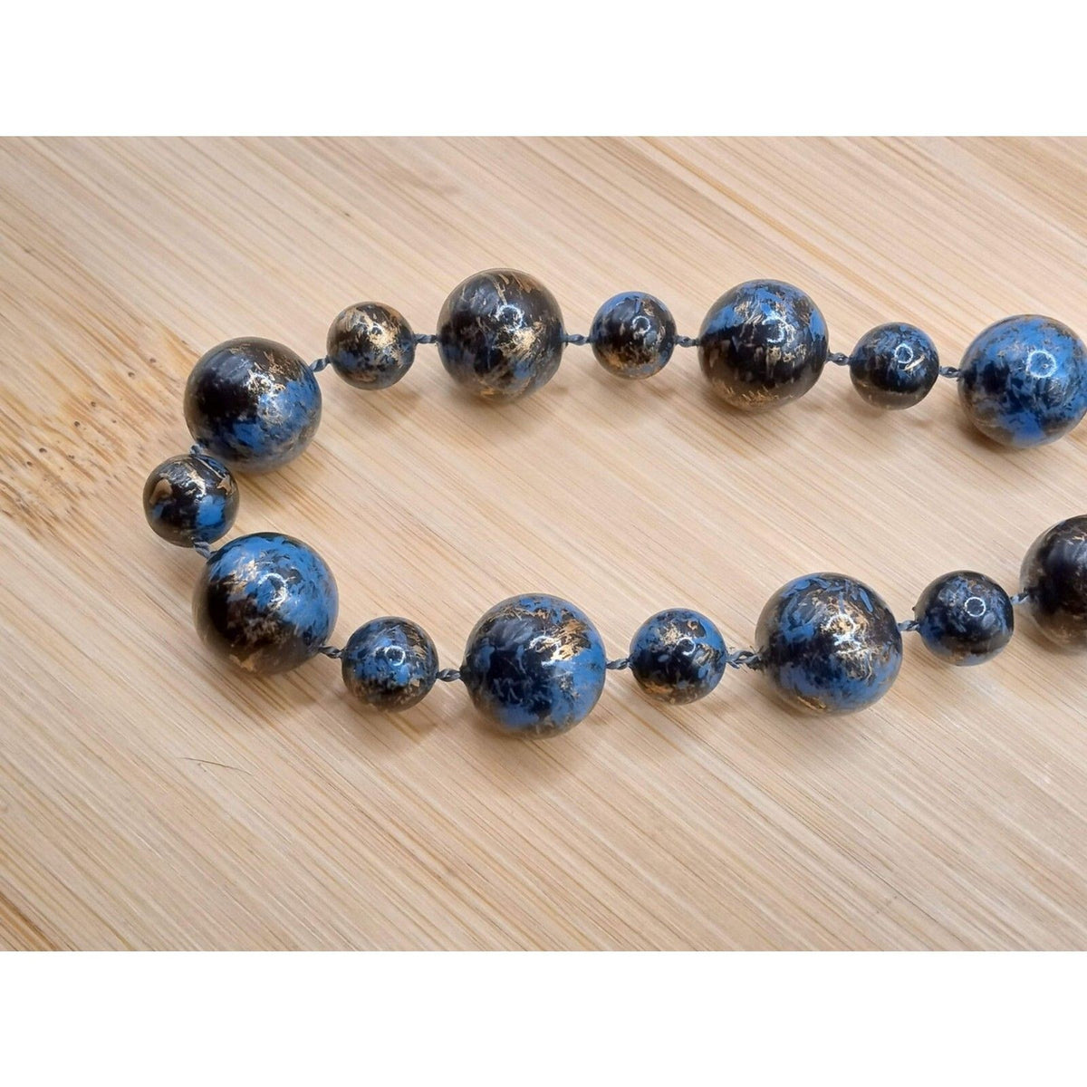 Vintage Blue & Gold Alternating Size Beaded Single Strand Acrylic Necklace