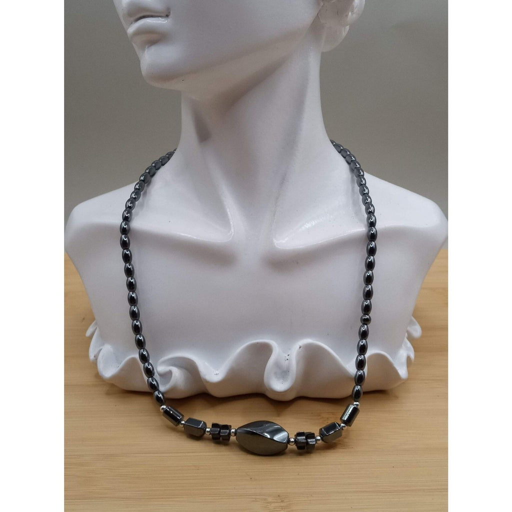 Vintage Geometric Hematite Natural Beaded Necklace Oval Barrel Star