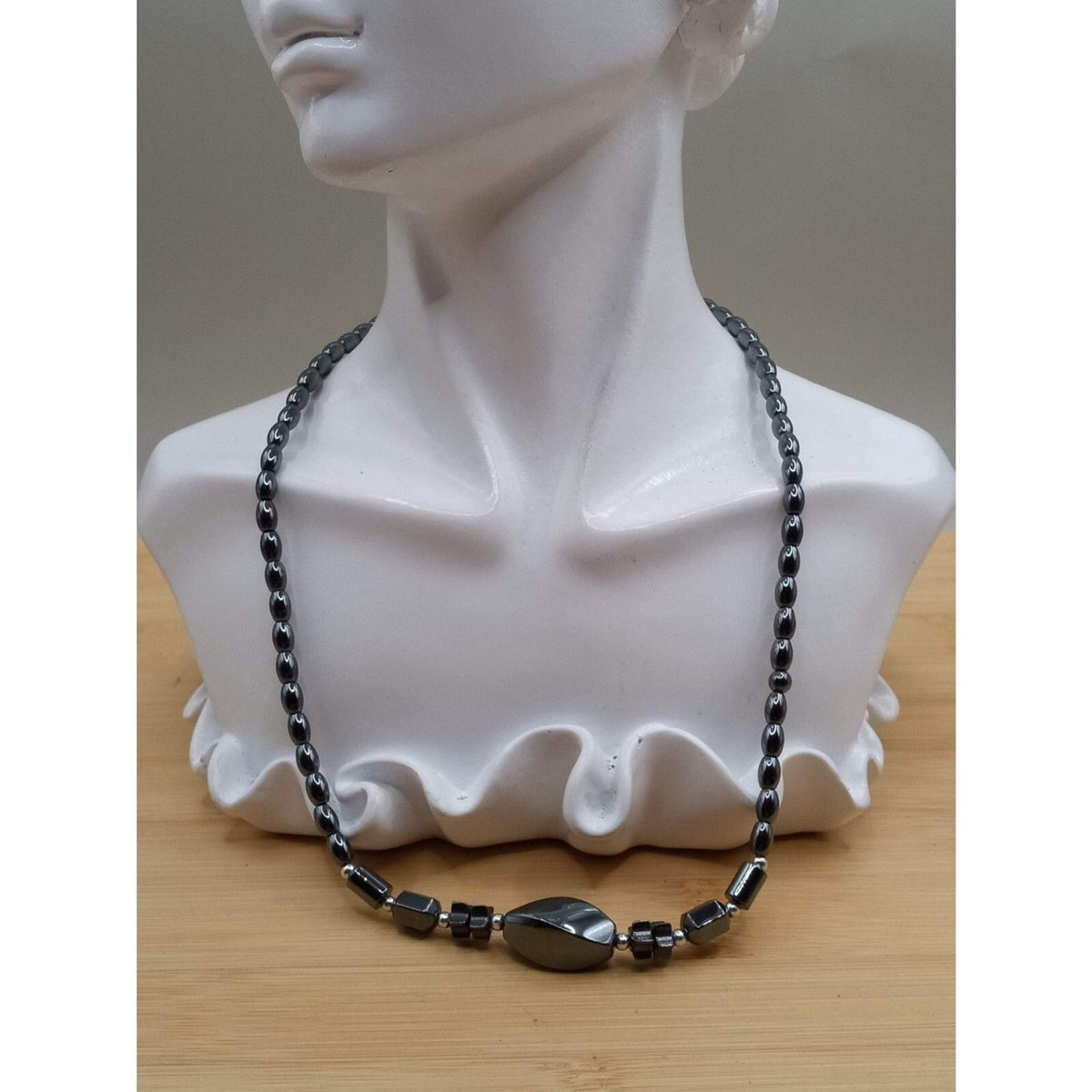 Vintage Geometric Hematite Natural Beaded Necklace Oval Barrel Star