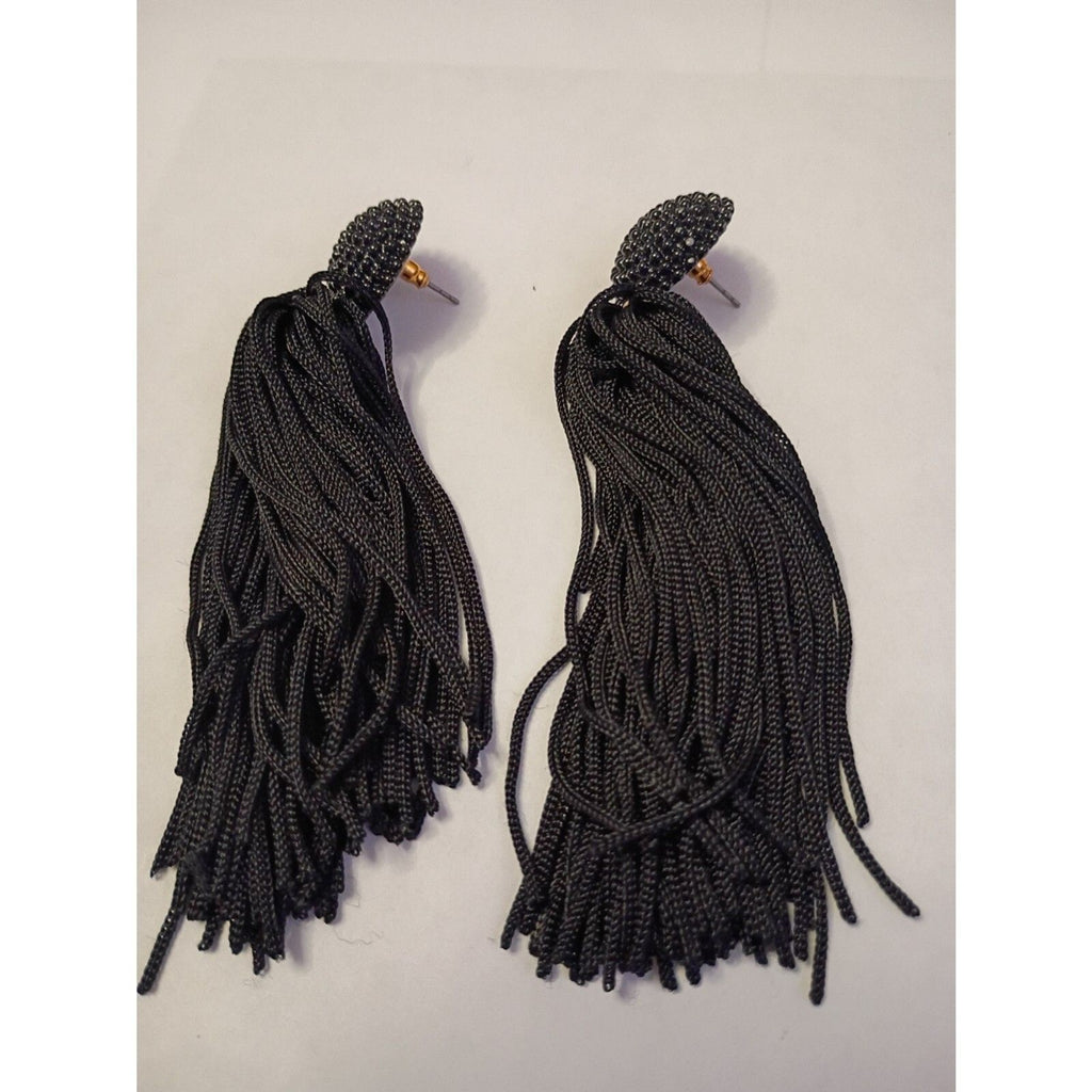Vintage Elegant Beaded Circle Black Tassel Dangle 4" Drop Earrings