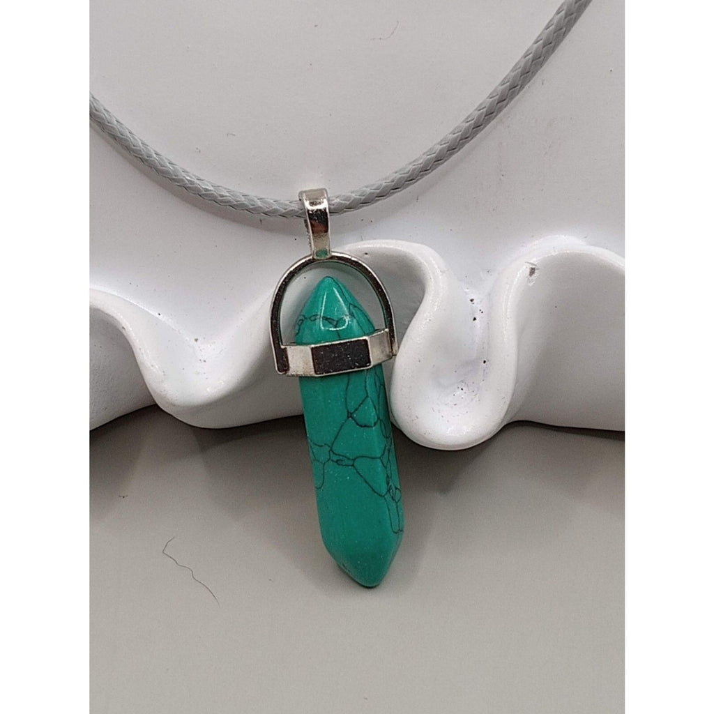 Pointed Turquoise Stone Pendant Necklace on Gray Cord