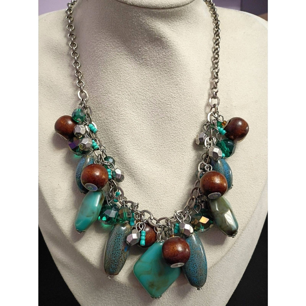 Vintage Statement Necklace Multi Media with Wood, Stones, Glass, Metal and Resin