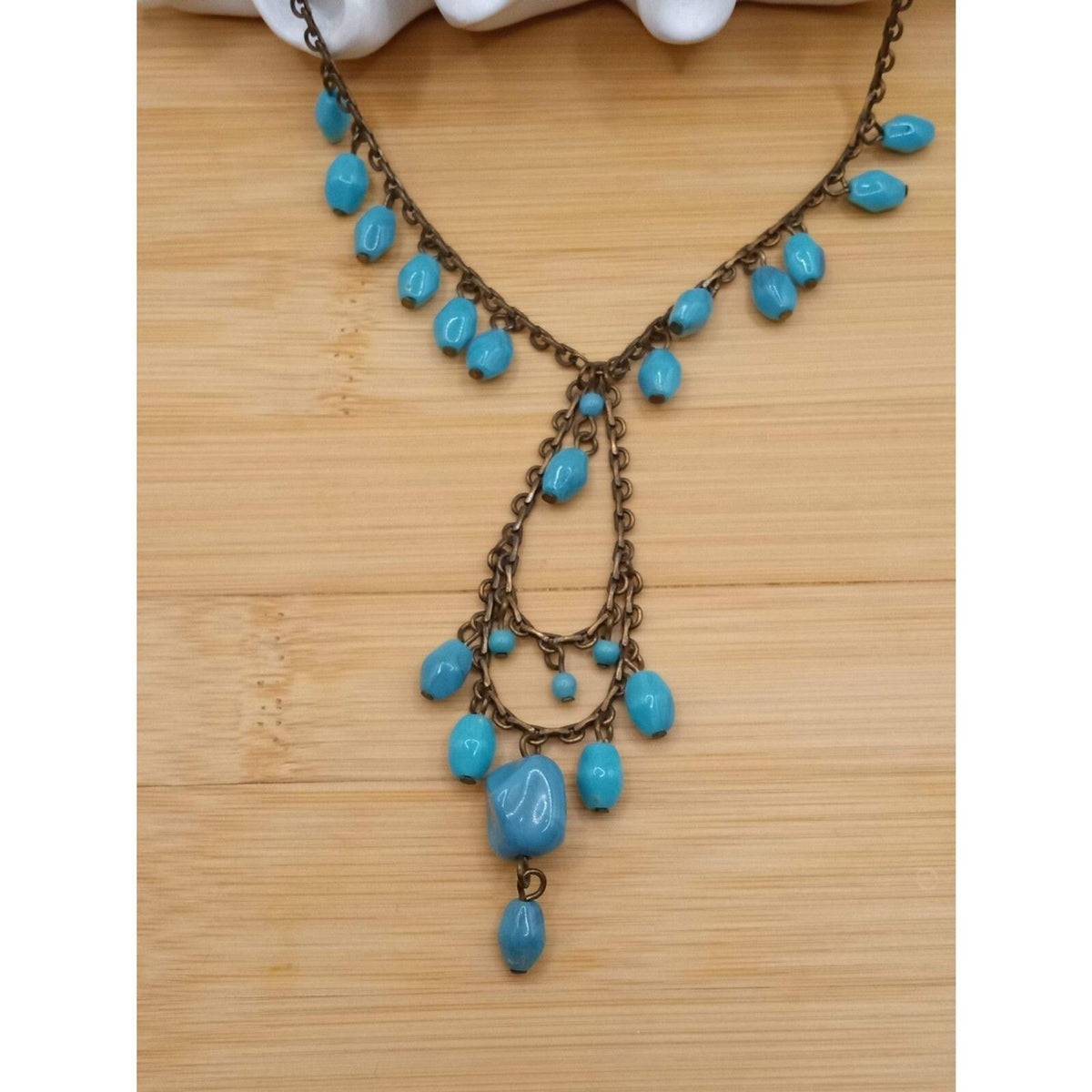 Vintage Acrylic Turquoise, Brass Colored Beaded Victorian Style Bib Necklace