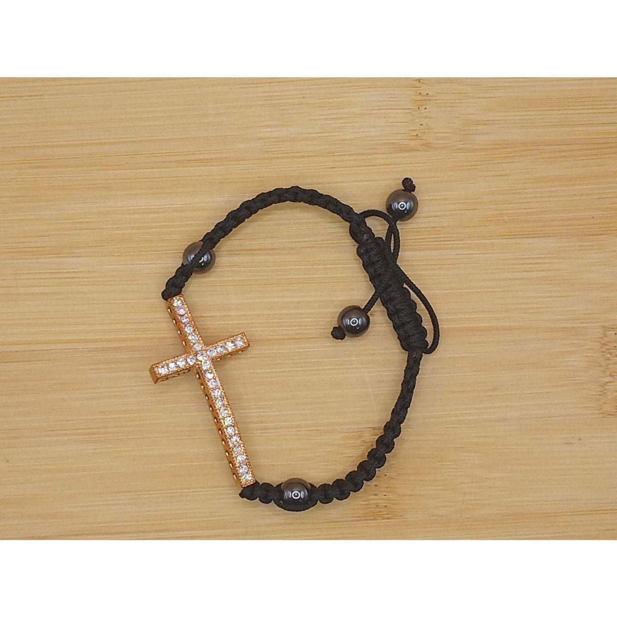 Vintage Rose Gold-Tone Rhinestone Crucifix Bolo Bracelet