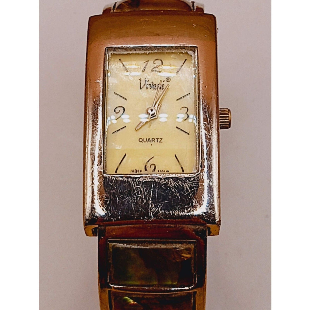 1980s Accutime K977 Vivani Abalone Inset Vintage Cuff Bracelet Watch