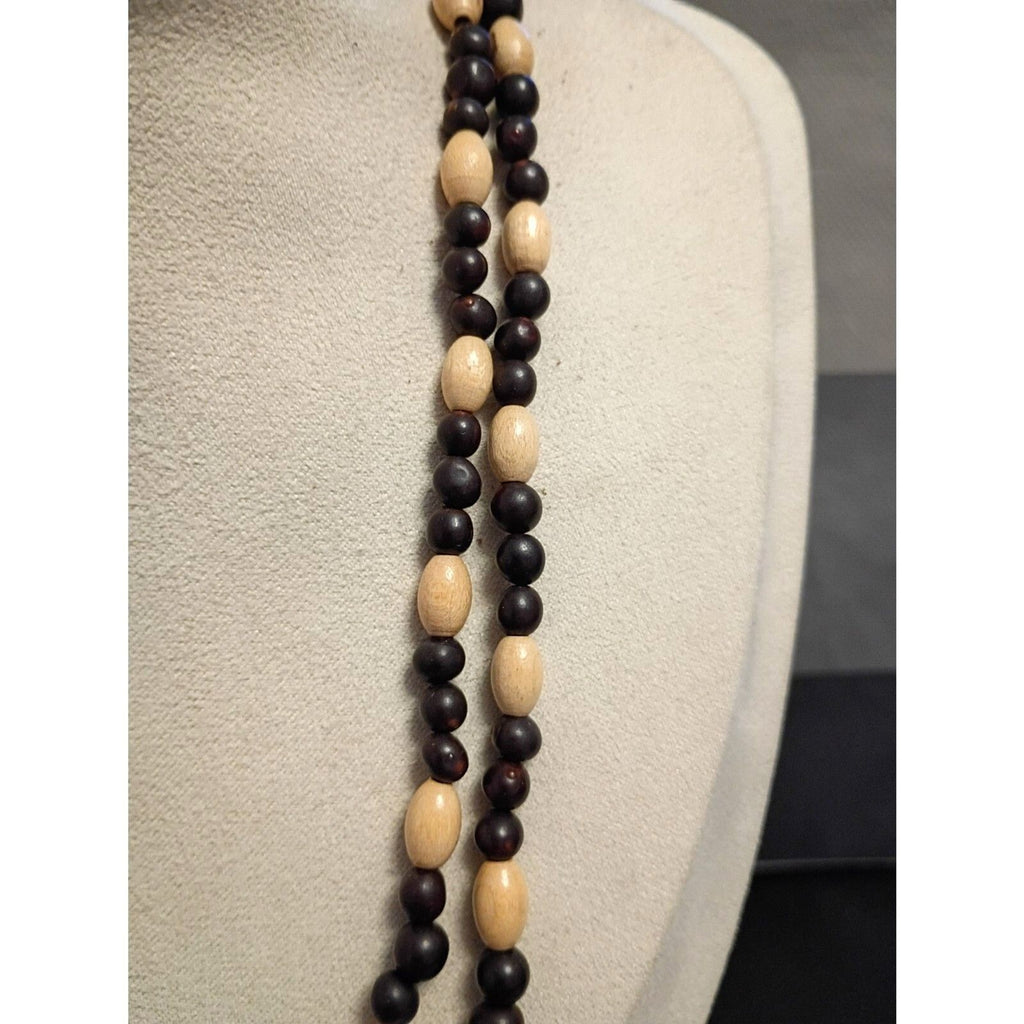 Vintage Wooden & Glass Seed Bead Strand Necklace 45 Inches