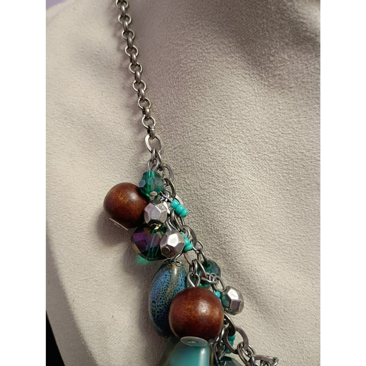 Vintage Statement Necklace Multi Media with Wood, Stones, Glass, Metal and Resin