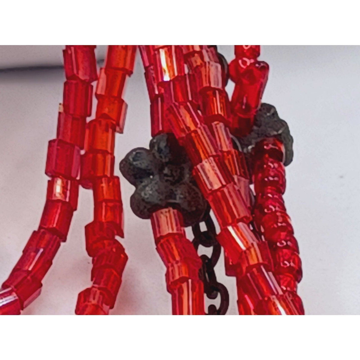 Multi Strand Layered Red Beads Bronze Color Flower Necklace