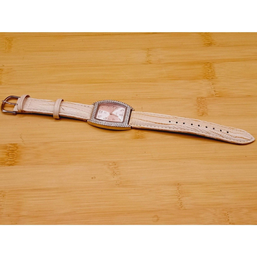 Women's JJ Square Rhinestone Quartz *Working* Watch w Pink Face and Cream Straps