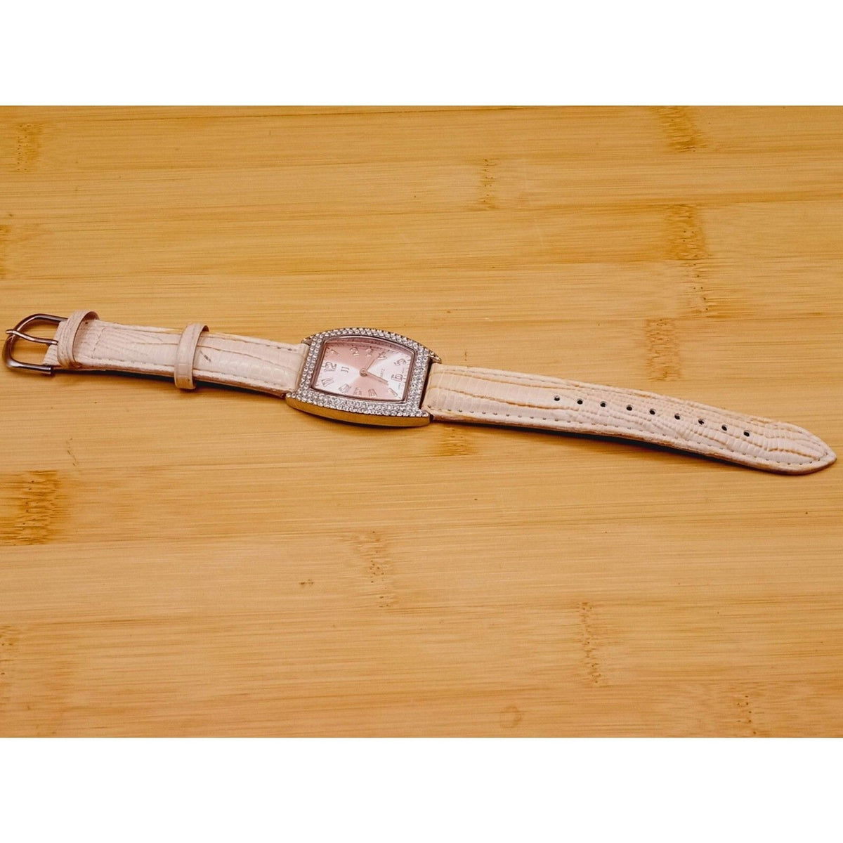 Women's JJ Square Rhinestone Quartz *Working* Watch w Pink Face and Cream Straps