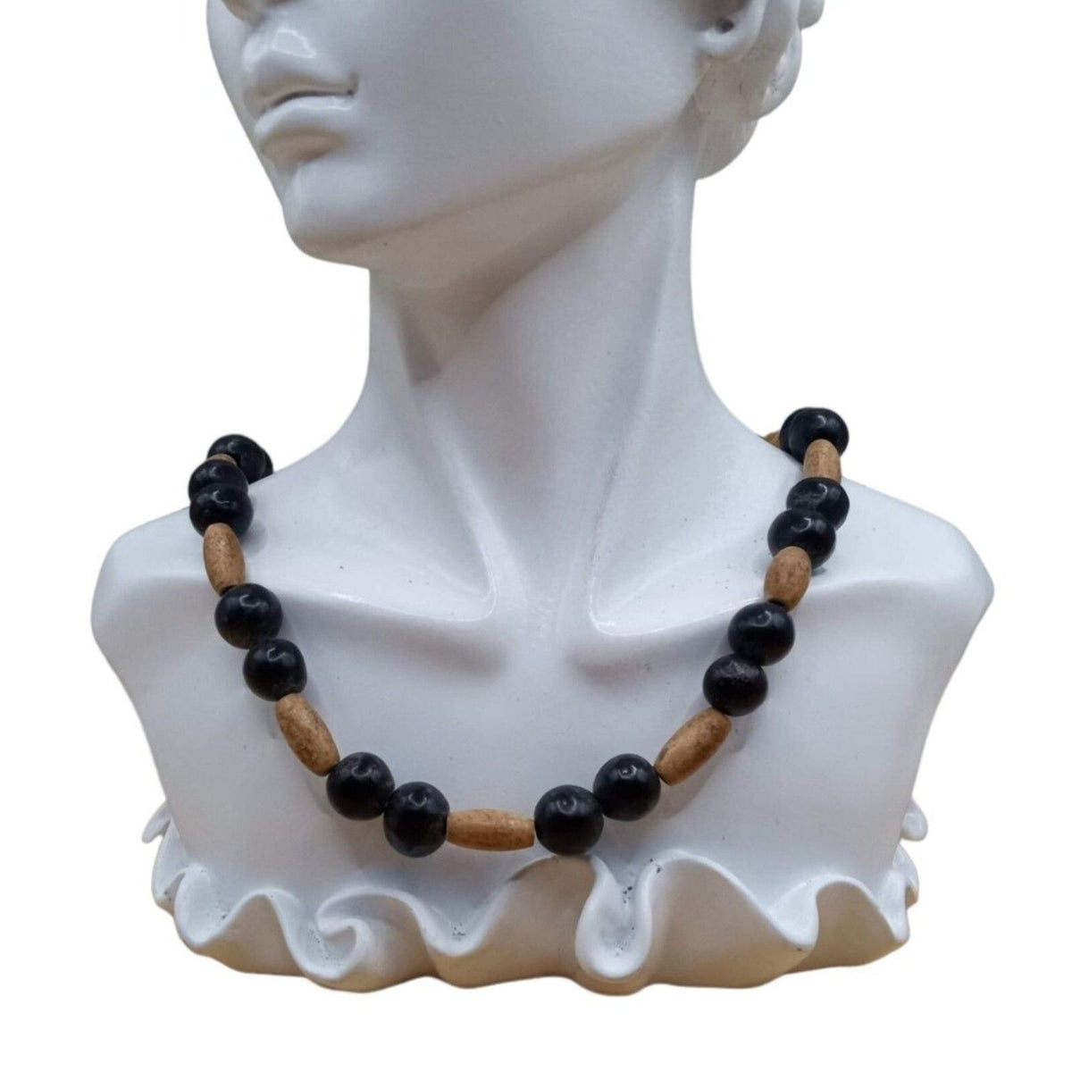 Vintage Organic Natural Sandalwood Round & Barrel Beaded Necklace