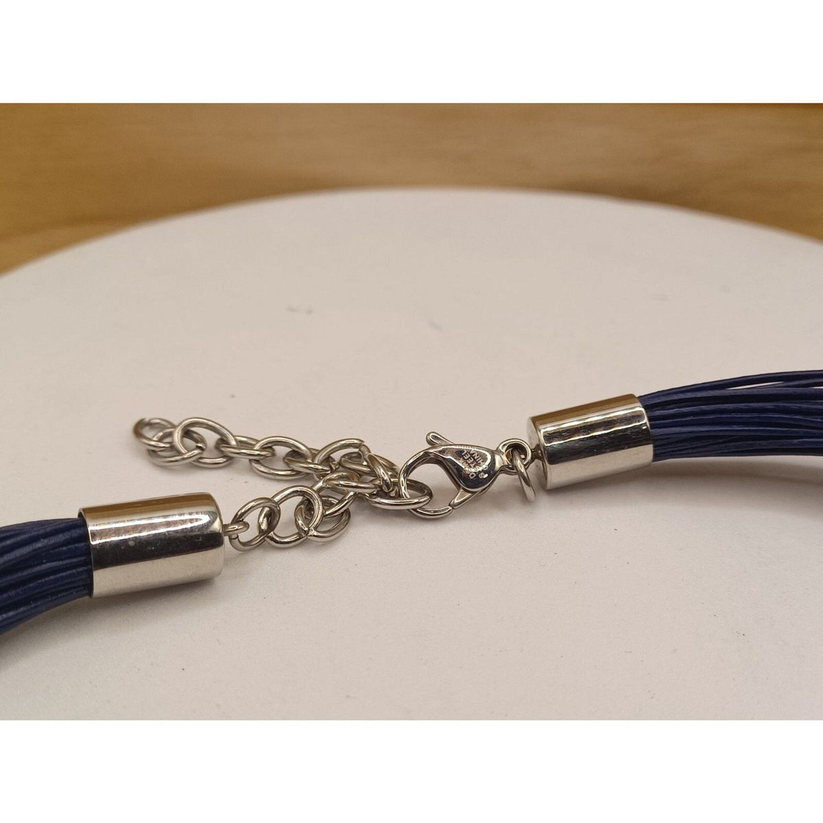 Vintage Blue Cord and Silver Tone Curved Tube Chunky Necklace