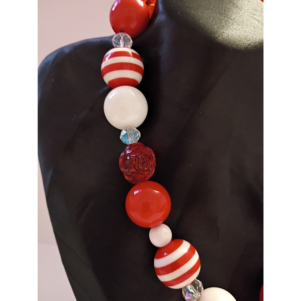 Chunky Bubblegum Necklace with Red, White and Striped beads of Different Sizes